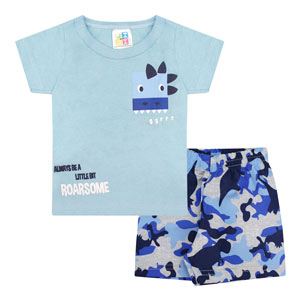 Conjunto Bebê Masculino Camiseta Manga Curta Azul Dino e Bermuda Tactel (P/M/G) - Jidi Kids - Tamanho G - Azul,Azul Marinho
