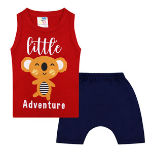 Conjunto Bebê Masculino Camiseta Regata Vermelha Coala e Bermuda Moletinho (P/M/G) - Jidi Kids - Tamanho G - Vermelho,Azul Marinho