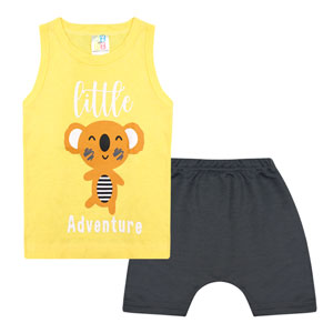 Conjunto Bebê Masculino Camiseta Regata Amarela Coala e Bermuda Moletinho (P/M/G) - Jidi Kids - Tamanho G - Amarelo,Grafite