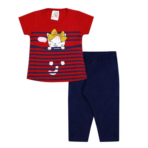 Conjunto Bebê Feminino Camiseta Manga Curta Vermelha Gatinha e Legging Cotton (P/M/G) - Jidi Kids - Tamanho P - Azul Marinho,Vermelho