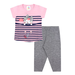 Conjunto Bebê Feminino Camiseta Manga Curta Rosa Gatinha e Legging Cotton (P/M/G) - Jidi Kids - Tamanho G - Rosa,Mescla