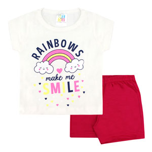 Conjunto Bebê Feminino Camiseta Manga Curta Off White Arco-íris e Shorts (P/M/G) - Jidi Kids - Tamanho G - Off White,Pink