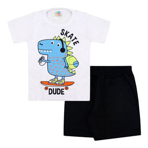 Conjunto Bebê Masculino Camiseta Manga Curta Branca Dude e Bermuda Moletinho (1/2/3) - Jidi Kids - Tamanho 3 - Branco,Preto