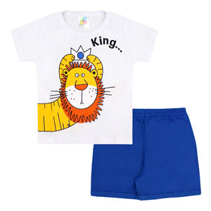 Conjunto Bebê Masculino Camiseta Manga Curta Branca Leão Rei e Bermuda Moletinho (1/2/3) - Jidi Kids - Tamanho 3 - Branco,Azul Royal