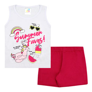 Conjunto Bebê Feminino Regata Meia Malha Branca Summer Faves e Shorts Cotton (1/2/3) - Jidi Kids - Tamanho 3 - Branco,Pink