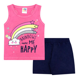 Conjunto Bebê Feminino Camiseta Regata Rosa Arco-Íris e Shorts Moletinho (1/2/3) - Jidi Kids - Tamanho 3 - Rosa,Azul Marinho