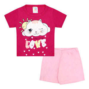Pijama Bebê Feminino Camiseta Manga Curta Pink Gato e Shorts Rosa (1/2/3) - Jidi Kids - Tamanho 3 - Pink,Rosa