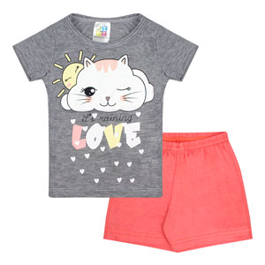 Pijama Bebê Feminino Camiseta Manga Curta Mescla Gato e Shorts Rosa (1/2/3) - Jidi Kids - Tamanho 3 - Mescla,Rosa