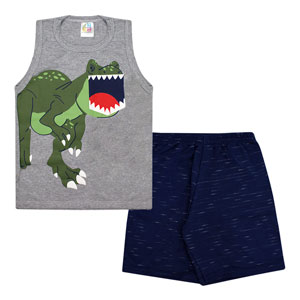 Conjunto Infantil Masculino Camiseta Regata Mescla T-Rex e Bermuda Moletinho Jet (4/6/8) - Jidi Kids - Tamanho 8 - Mescla,Azul Marinho