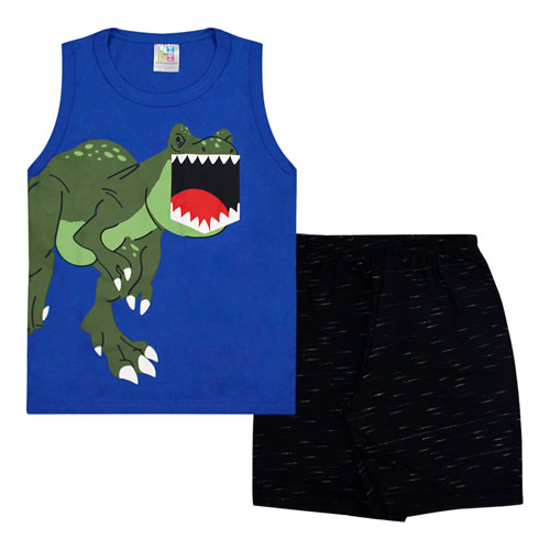 Conjunto Infantil Masculino Camiseta Regata Azul Royal T-Rex e Bermuda (4/6/8) - Jidi Kids - Tamanho 8 - Azul Royal,Preto