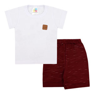 Conjunto Infantil Masculino Camiseta Manga Curta Branca e Bermuda Moletinho Jet (4/6/8) - Jidi Kids - Tamanho 8 - Branco,Bordô
