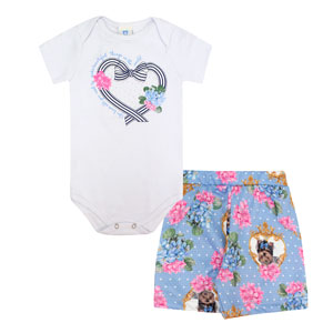 Conjunto bebê feminino body manga curta branca coração e shorts piquet (p/m/g/gg) - Gueda Kids - tamanho gg - branco,azul