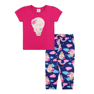 Conjunto Bebê Feminino Camiseta Manga Curta Pink Balão e Calça Piquet (P/M/G/GG) - Gueda Kids - Tamanho GG - Pink,Azul Marinho