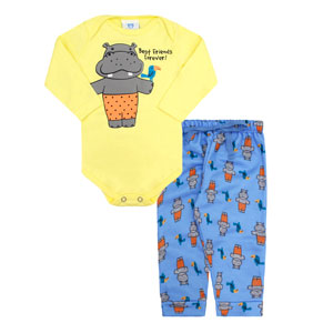 Conjunto Bebê Masculino Body Longo Amarela Hipopótamo e Calça Moletinho (P/M/G/GG) - Gueda Kids - Tamanho GG - Amarelo,Azul