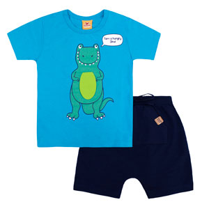 Conjunto Bebê Masculino Camiseta Manga Curta Azul T-Rex e Bermuda Saruel (1/2/3) - Gueda Kids - Tamanho 3 - Azul,Azul Marinho