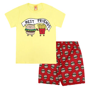 Pijama Bebê Camiseta Manga Curta Amarela Best Friends e Bermuda Vermelha (1/2/3) - Gueda Kids - Tamanho 3 - Amarelo,Vermelho