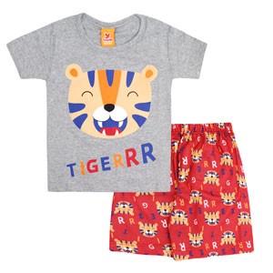 Pijama Bebê Camiseta Manga Curta Mescla Tiger e Bermuda Vermelho (1/2/3) - Gueda Kids - Tamanho 3 - Mescla,Vermelho