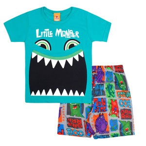 Pijama Bebê Camiseta Manga Curta Verde Monstro e Bermuda Crepe (1/2/3) - Gueda Kids - Tamanho 3 - Verde,Cinza