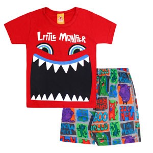 Pijama Bebê Camiseta Manga Curta Vermelho Monstro e Bermuda Crepe (1/2/3) - Gueda Kids - Tamanho 3 - Vermelho,Cinza
