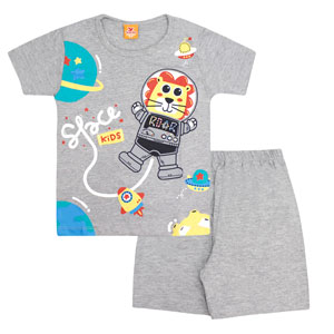 Pijama Infantil Masculino Mescla Camiseta Manga Curta Espaço e Bermuda (4/6/8) - Gueda Kids - Tamanho 8 - Mescla