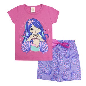 Pijama Bebê Feminino Camiseta Manga Curta Violeta Sereia e Shorts Lilás (1/2/3) - Gueda Kids - Tamanho 3 - Violeta,Lilás