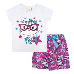 Pijama Bebê Feminino Camiseta Manga Curta Branca Gatinha e Shorts Pink (1/2/3) - Gueda Kids - Tamanho 3 - Branco,Pink