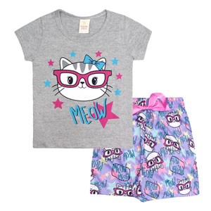 Pijama Bebê Feminino Camiseta Manga Mescla Gatinha e Shorts Lilás (1/3) - Gueda Kids - Tamanho 3 - Mescla,Lilás