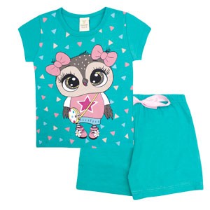 Pijama Infantil Feminino Meia Malha Verde Camiseta Manga Curta Coruja e Shorts (4/6/8) - Gueda Kids - Tamanho 8 - Verde