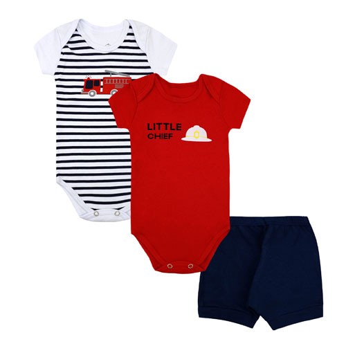 Kit Bebê Masculino 3 Peças Bodies e Shorts Vermelho e Azul Marinho Bombeiro (P/M/G/GG) - Bebê Fofuxo - Tamanho G - Branco,Vermelho,Azul Marinho