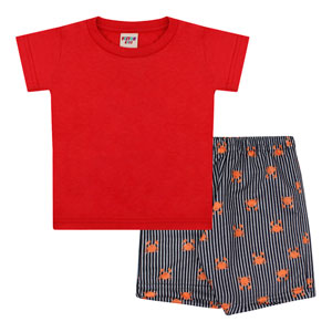 Conjunto Bebê Masculino Camiseta Manga Curta Vermelha e Bermuda Caranguejo (1/2/3) - Viston - Tamanho 3 - Vermelho,Mescla