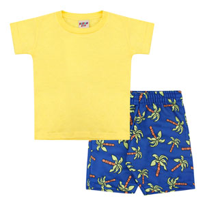 Conjunto Bebê Masculino Camiseta Manga Curta Amarela e Bermuda Palmeira (1/2/3) - Viston - Tamanho 3 - Amarelo,Azul Royal