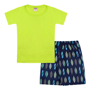 Conjunto Infantil Masculino Camiseta Manga Curta Verde Limão e Bermuda Pranchas (4/6/8) - Viston - Tamanho 8 - Verde,Azul Marinho