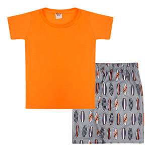 Conjunto Infantil Masculino Camiseta Manga Curta Laranja e Bermuda Pranchas (4/6/8) - Viston - Tamanho 8 - Laranja,Cinza