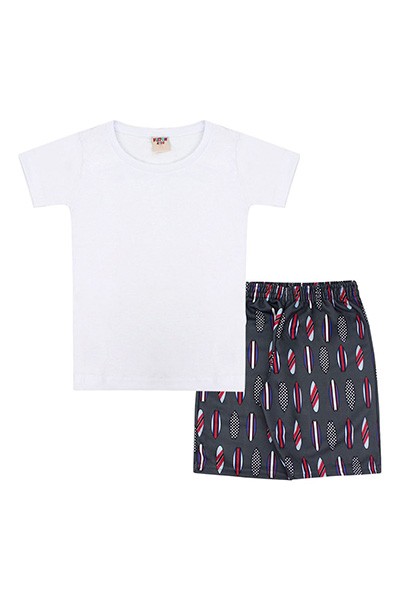 Conjunto Infantil Masculino Camiseta Manga Curta Branca e Bermuda Pranchas (4/6/8) - Viston - Tamanho 8 - Branco,Grafite