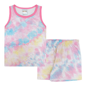 Pijama Infantil Feminino Camiseta Regata e Shorts Tie Dye (4/6/8) - Fantoni - Tamanho 8 - Azul,Branco,Rosa