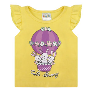 Camiseta Bebê Feminina Manga Curta Amarela Coelho no Balão (P/M/G) - Fantoni - Tamanho G - Amarelo