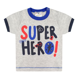 Camiseta Bebê Masculina Manga Curta Meia Malha Mescla e Azul Royal Super-Herói (P/M/G) - Fantoni - Tamanho G - Azul Royal,Mescla
