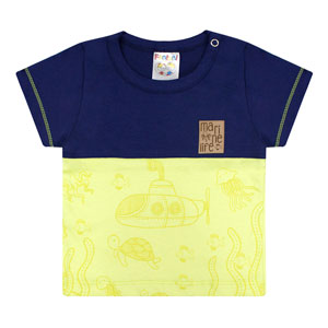 Camiseta Bebê Masculina Manga Curta Meia Malha Azul Marinho e Verde Fundo do Mar (P/M/G) - Fantoni - Tamanho G - Azul Marinho,Verde, Masculino