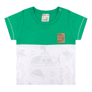 Camiseta Bebê Masculina Manga Curta Meia Malha Verde e Branco Fundo do Mar (P/M/G) - Fantoni - Tamanho G - Verde,Branco