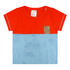 Camiseta Bebê Masculina Manga Curta Meia Malha Laranja e Azul Fundo do Mar (P/M/G) - Fantoni - Tamanho G - Laranja,Azul