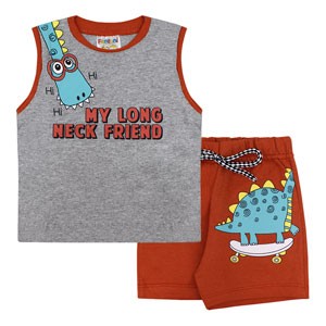 Conjunto Bebê Masculino Camiseta Regata Mescla Dinossauro e Bermuda Terracota (P/M/G) - Fantoni - Tamanho M - Mescla,Terracota