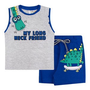 Conjunto Bebê Masculino Camiseta Regata Mescla Dinossauro e Bermuda Azul Royal (P/M/G) - Fantoni - Tamanho G - Mescla,Azul Royal