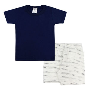 Conjunto Infantil Masculino Camiseta Manga Curta Azul Marinho Lisa e Bermuda (4/6/8) - Bebê Fofuxo - Tamanho 8 - Azul Marinho,Off White