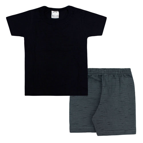 Conjunto Infantil Masculino Camiseta Manga Curta Preta Lisa e Bermuda Grafite (4/6/8) - Bebê Fofuxo - Tamanho 8 - Preto,Grafite