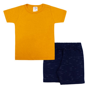 Conjunto Infantil Masculino Camiseta Manga Curta Mostarda e Bermuda com Vira (4/6/8) - Bebê Fofuxo - Tamanho 8 - Mostarda,Azul Marinho