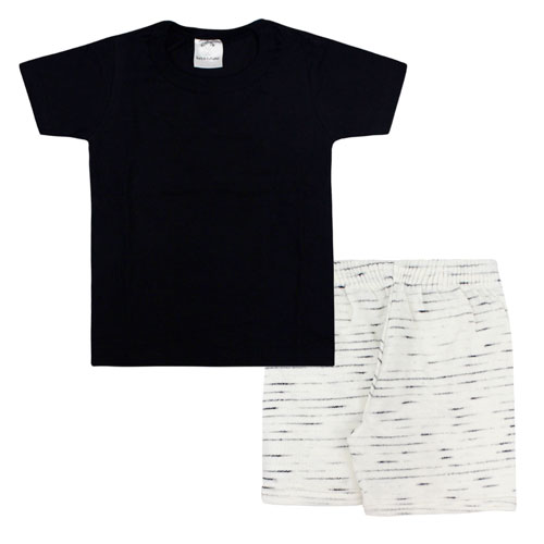 Conjunto Infantil Masculino Camiseta Manga Curta Preta Lisa e Bermuda com Vira (4/6/8) - Bebê Fofuxo - Tamanho 4 - Preto,Off White