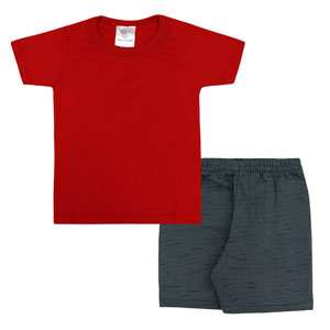 Conjunto Infantil Masculino Camiseta Manga Curta Vermelha e Bermuda com Vira (4/6/8) - Bebê Fofuxo - Tamanho 8 - Vermelho,Grafite
