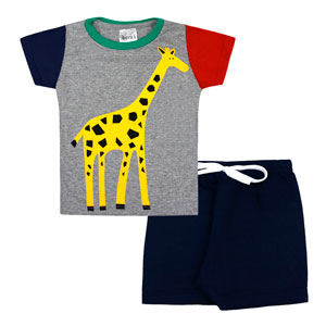 Conjunto Bebê Masculino Camiseta Manga Curta Mescla Girafa e Bermuda Marinho (P/M/G) - Lucca Kids - Tamanho G - Azul Marinho,Mescla,Vermelho
