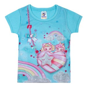 Camiseta Bebê Feminina Manga Curta Cotton Azul Arco-Íris (1/2/3) - Mundo Mania - Tamanho 3 - Azul
