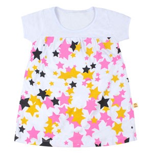 Vestido Bebê Meia Malha Manga Curta Branco Estrelas Coloridas (P/M/G) - Minitune - Tamanho G - Branco